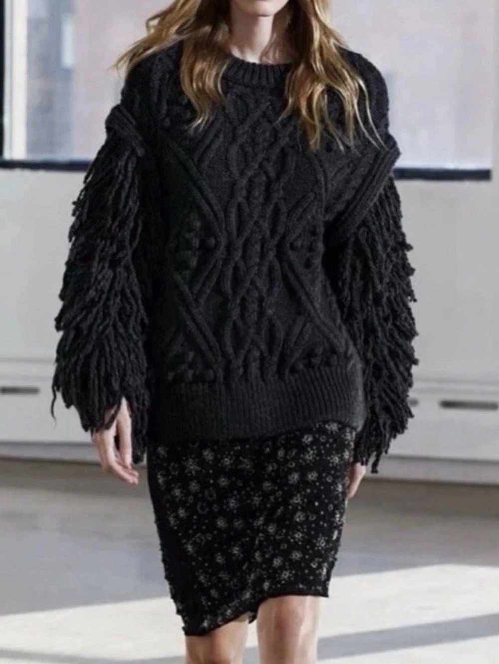 Zara Chunky Knit Fringe Sweater Small Charcoal Grey Gray